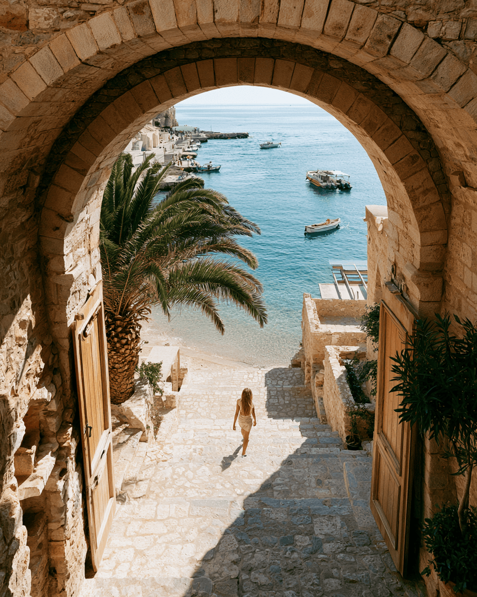 A woman walks down stone steps through an arched doorway toward a sunlit bay.