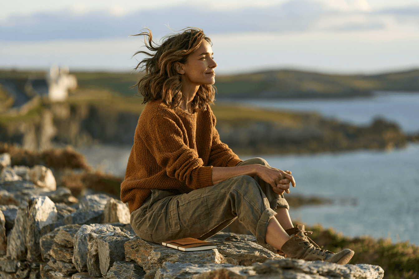 A woman sits alone on a stone wall overlooking a calm coastline in soft light.
