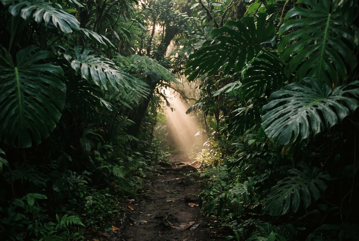 A narrow path through dense rainforest on dark volcanic earth, with light opening further along.