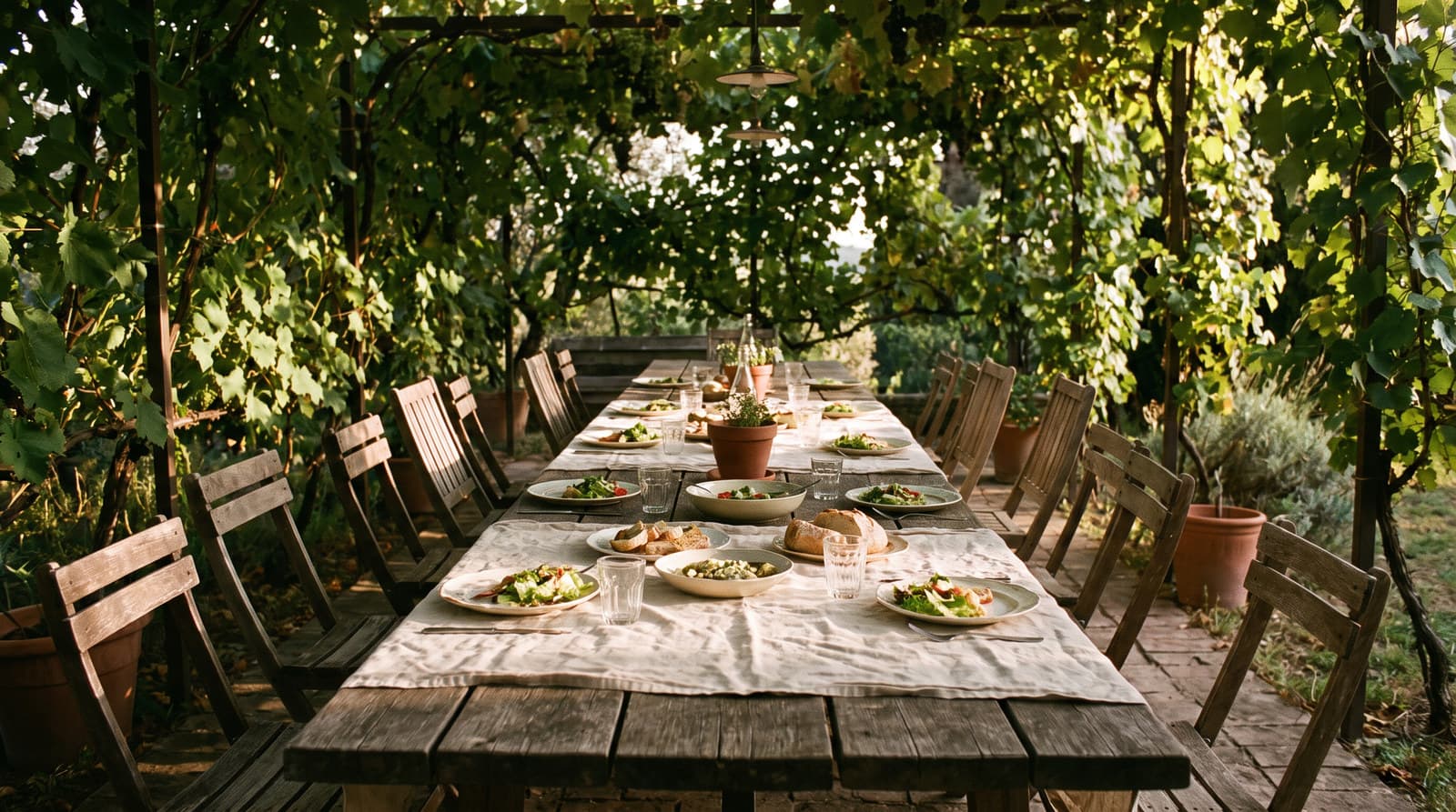 A long table laid under a vine canopy, late in a warm afternoon.