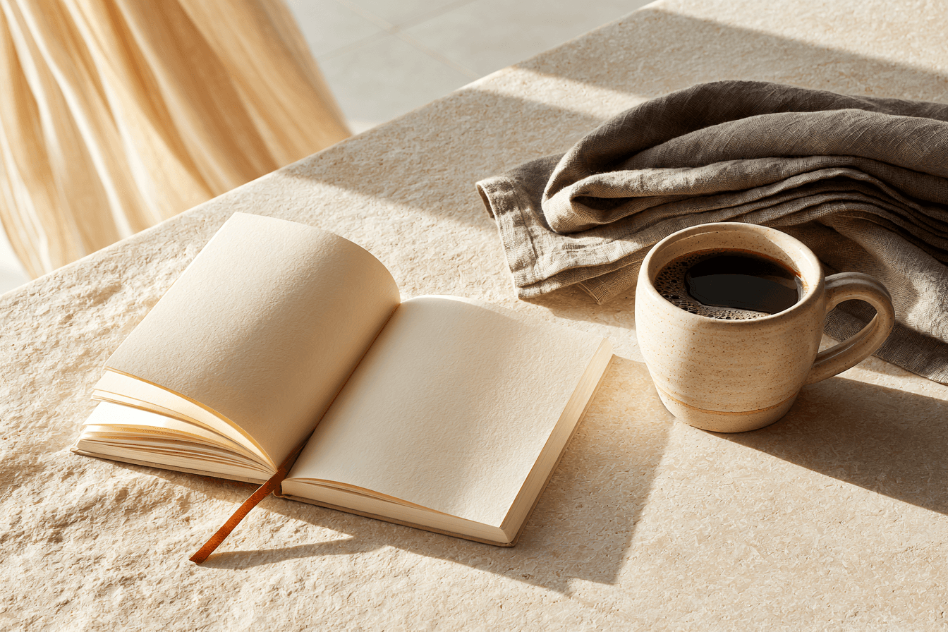 An open travel journal with blank cream pages beside a cup of coffee.