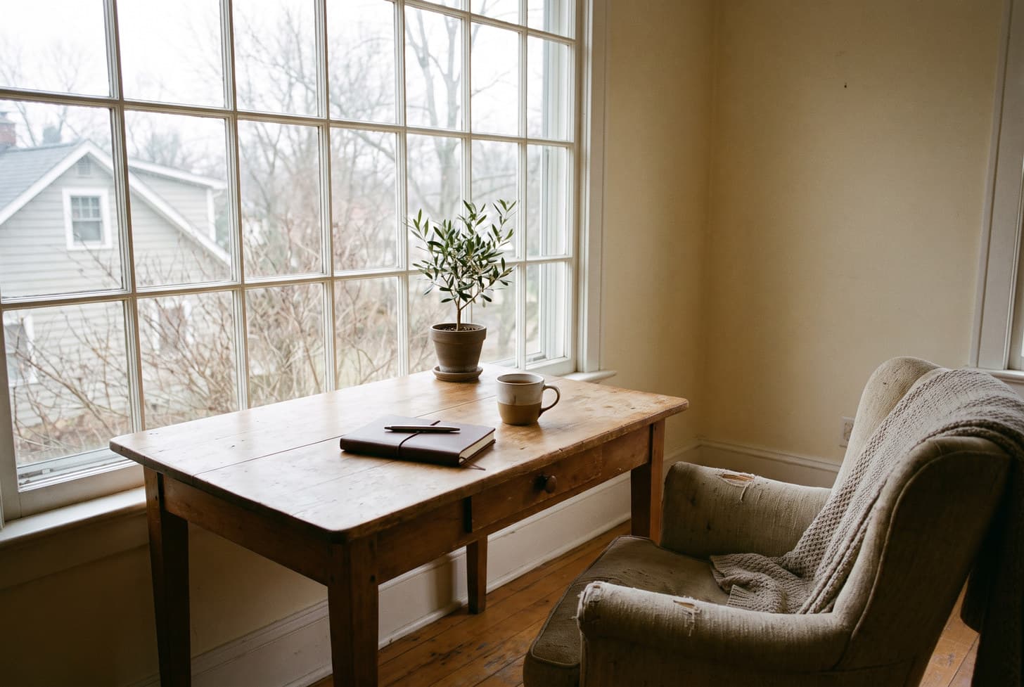 A wooden table by a tall window in an ordinary house, with a closed notebook, a pen, a mug and a small potted olive.